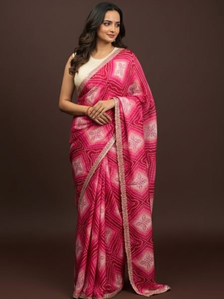 Bandhani Printed Chiffon Saree with Embroidered Border Daily Deals
