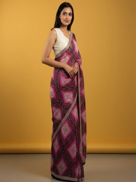 Bandhani Printed Chiffon Saree with Embroidered Border Daily Deals