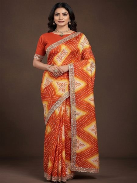 Bandhani Printed Chiffon Saree with Embroidered Border Daily Deals