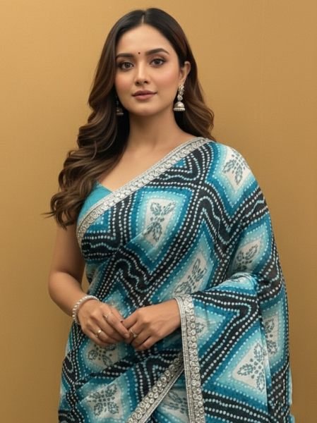 Bandhani Printed Chiffon Saree with Embroidered Border Printed Sarees