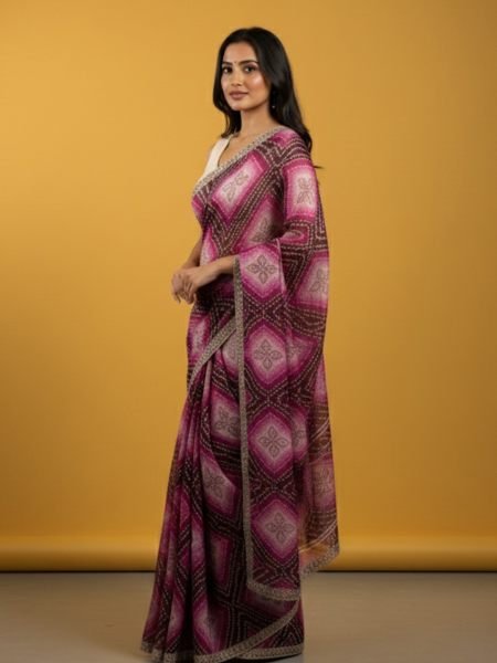 Bandhani Printed Chiffon Saree with Embroidered Border Printed Sarees