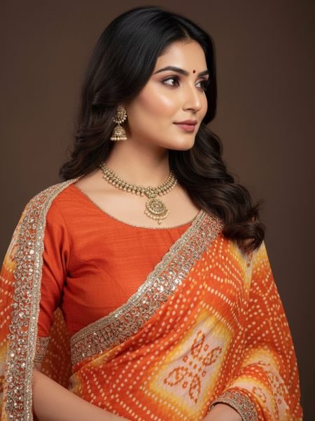 Bandhani Printed Chiffon Saree with Embroidered Border Printed Sarees