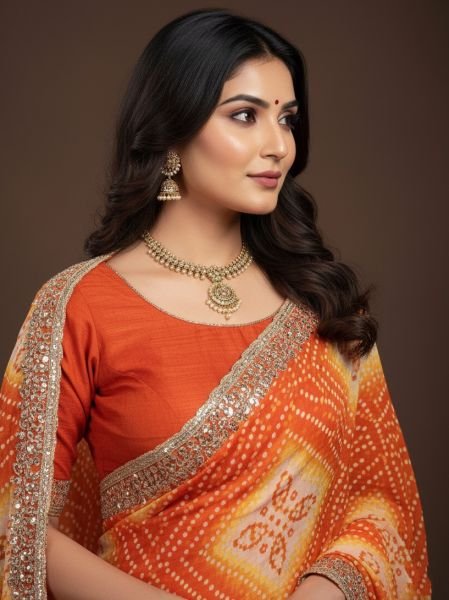Bandhani Printed Chiffon Saree with Embroidered Border Printed Sarees
