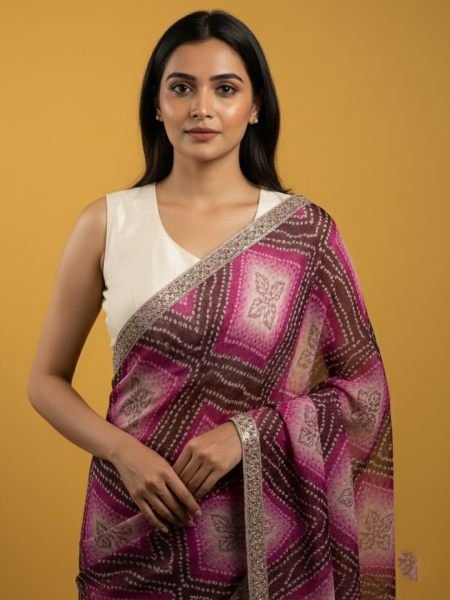 Bandhani Printed Chiffon Saree with Embroidered Border Printed Sarees