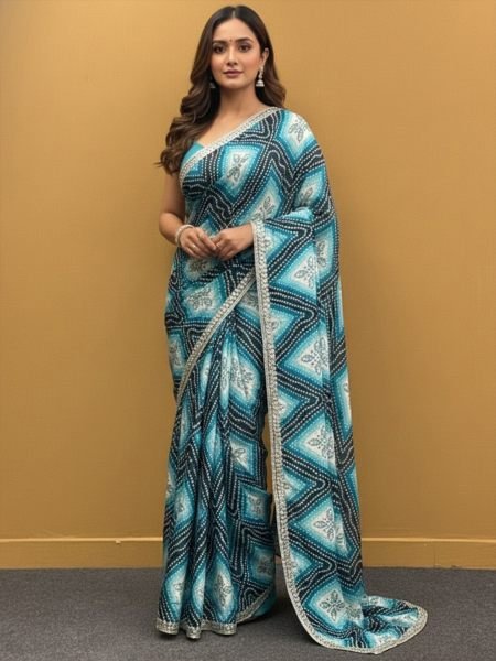 Bandhani Printed Chiffon Saree with Embroidered Border Printed Sarees