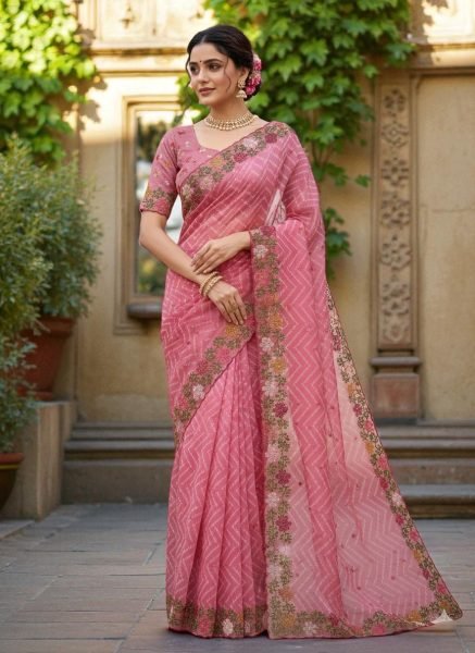 Bandhani Printed Cotton Silk Saree with Embroidery Work Border