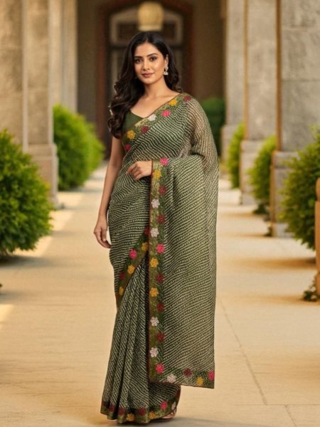 Bandhani Printed Cotton Silk Saree with Embroidery Work Border Saree