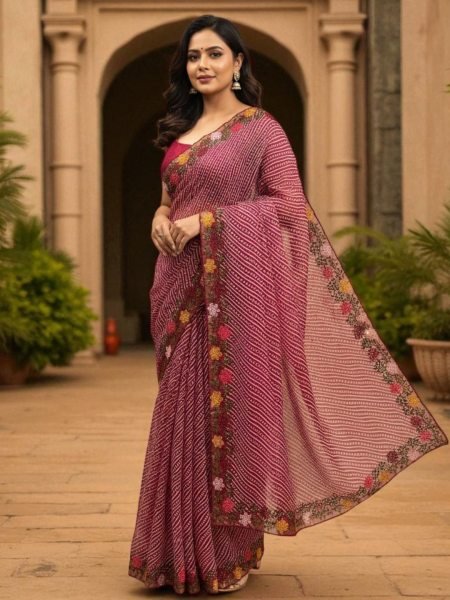 Bandhani Printed Cotton Silk Saree with Embroidery Work Border Saree
