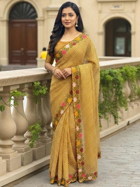 Bandhani Printed Cotton Silk Saree with Embroidery Work Border Daily Deals