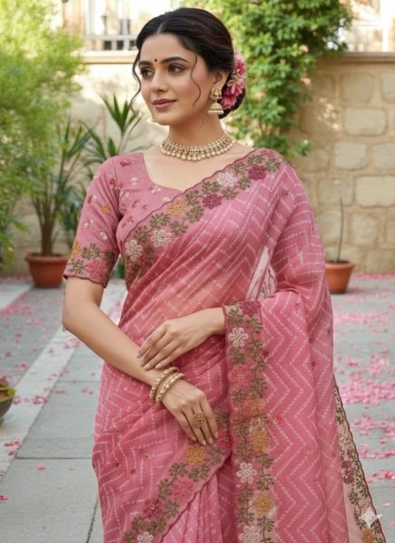 Bandhani Printed Cotton Silk Saree with Embroidery Work Border Cotton Sarees