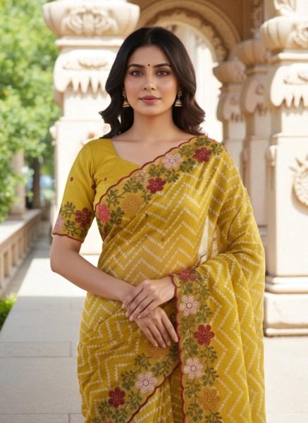 Bandhani Printed Cotton Silk Saree with Embroidery Work Border Cotton Sarees