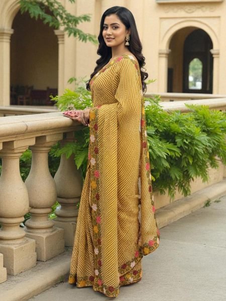 Bandhani Printed Cotton Silk Saree with Embroidery Work Border Cotton Sarees