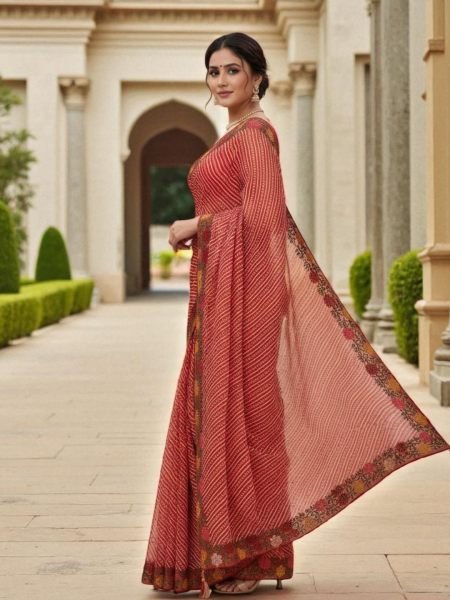 Bandhani Printed Cotton Silk Saree with Embroidery Work Border Cotton Sarees