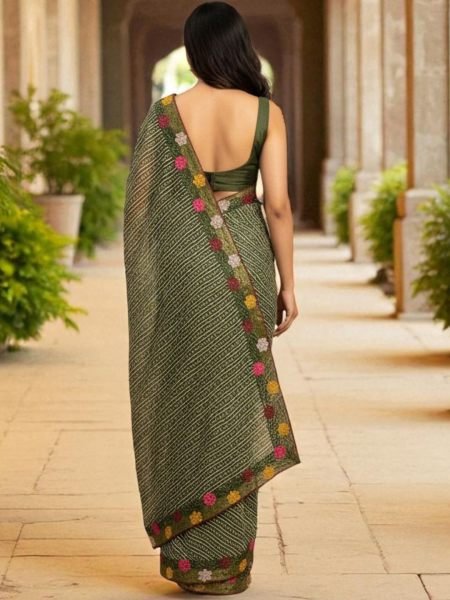 Bandhani Printed Cotton Silk Saree with Embroidery Work Border Cotton Sarees