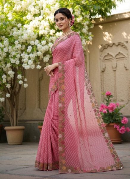 Bandhani Printed Cotton Silk Saree with Embroidery Work Border Cotton Sarees