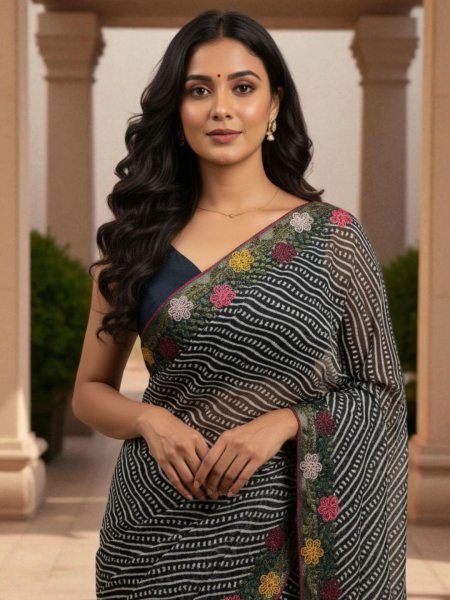 Bandhani Printed Cotton Silk Saree with Embroidery Work Border Cotton Sarees