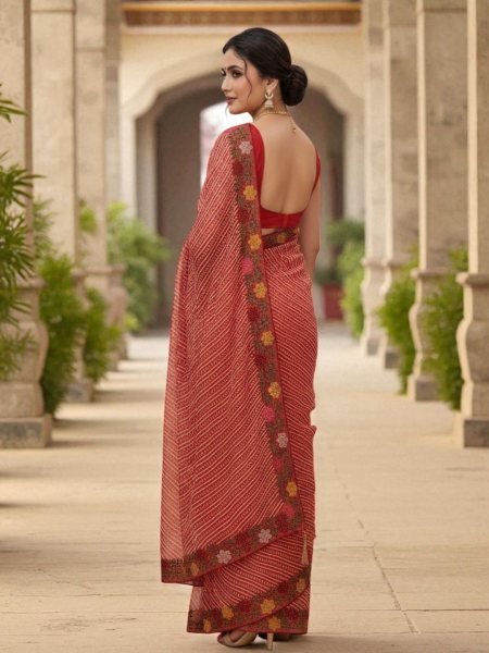 Bandhani Printed Cotton Silk Saree with Embroidery Work Border Cotton Sarees