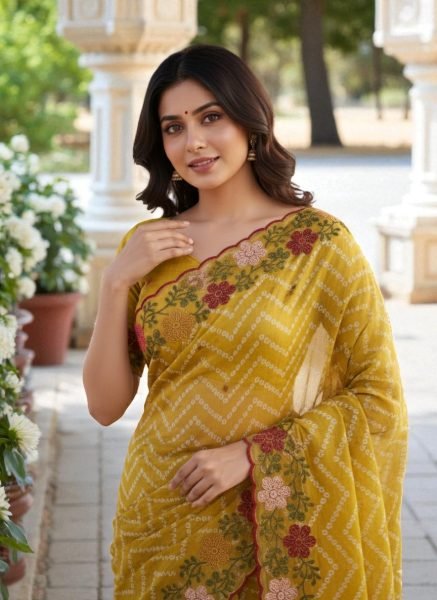 Bandhani Printed Cotton Silk Saree with Embroidery Work Border Cotton Sarees
