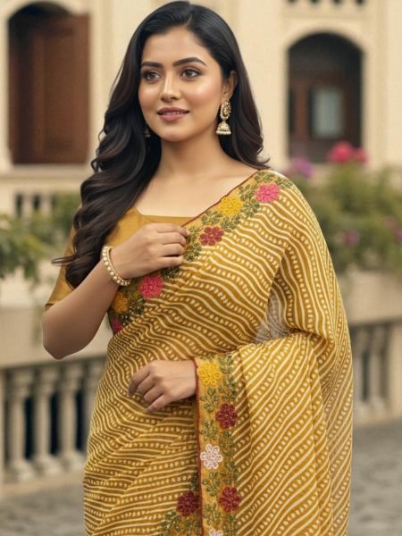 Bandhani Printed Cotton Silk Saree with Embroidery Work Border Cotton Sarees