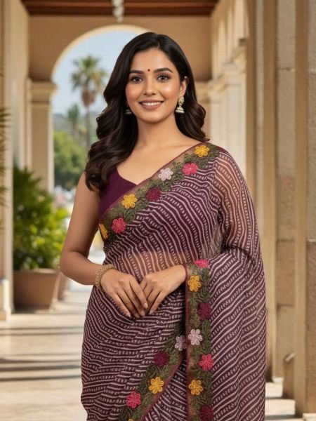 Bandhani Printed Cotton Silk Saree with Embroidery Work Border Cotton Sarees