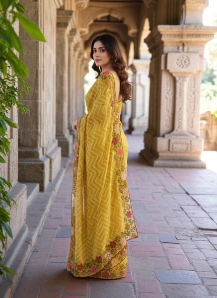 Bandhani Printed Cotton Silk Saree with Embroidery Work Border Cotton Sarees