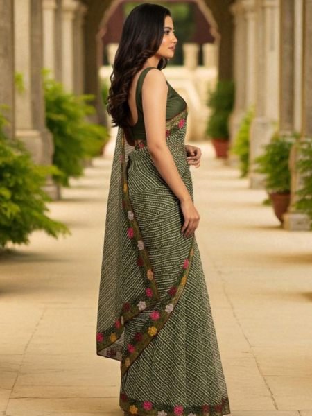 Bandhani Printed Cotton Silk Saree with Embroidery Work Border Cotton Sarees