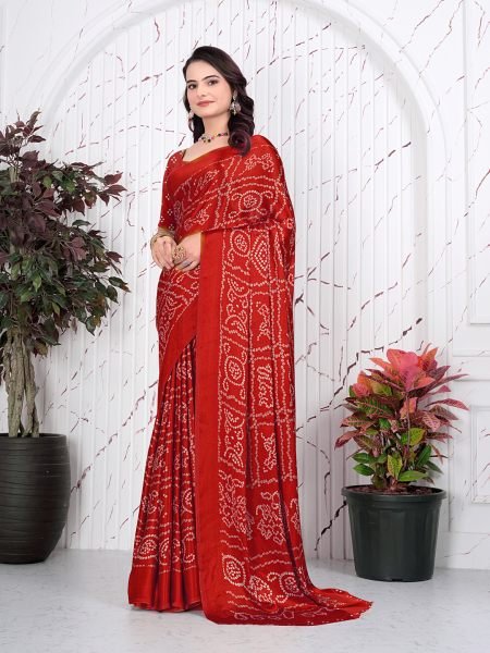 Bandhani Printed Satin Silk Saree for Party Look Printed Sarees