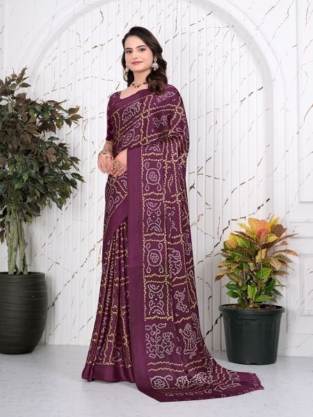 Bandhani Printed Satin Silk Saree for Party Look Printed Sarees