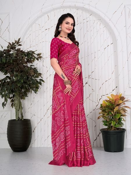 Bandhani Printed Satin Silk Saree for Party Look Printed Sarees