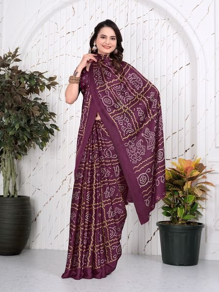 Bandhani Printed Satin Silk Saree for Party Look Printed Sarees