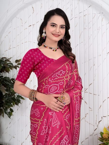 Bandhani Printed Satin Silk Saree for Party Look Printed Sarees