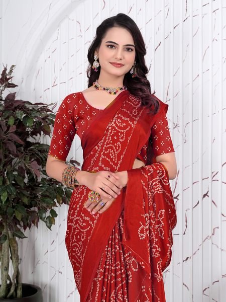 Bandhani Printed Satin Silk Saree for Party Look Printed Sarees