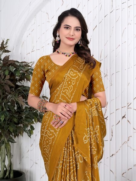 Bandhani Printed Satin Silk Saree for Party Look Printed Sarees