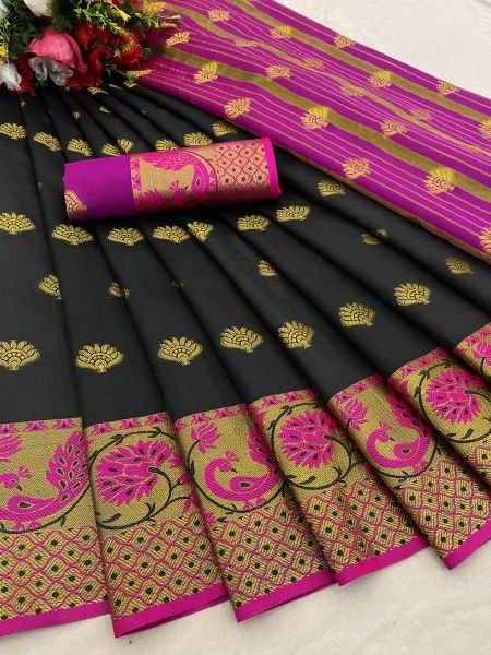 Black Banarasi Cotton Silk Saree with Jacquard Zari Weaving Sale