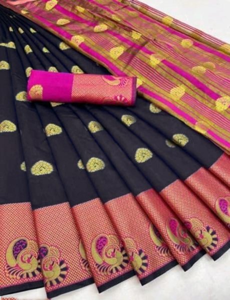 Black Cotton Silk Jacquard Woven Banarasi Saree with Zari for Festive Occasions Sale