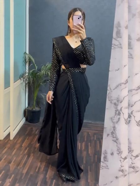 Black Embroidered Sequence Chinon Solid Plain Belted Saree Designer Sarees