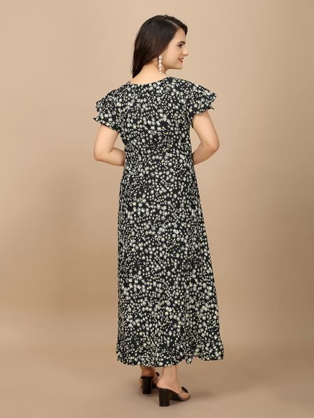 Black Floral Elegance High Low Ruffle Hemline Crape Dress with Butterfly Sleeves Dresses
