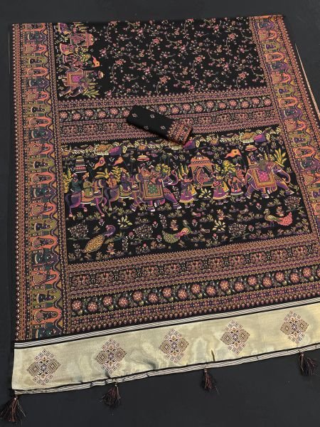 Black Floral Printed Woven Zari Pashmina Saree Sale