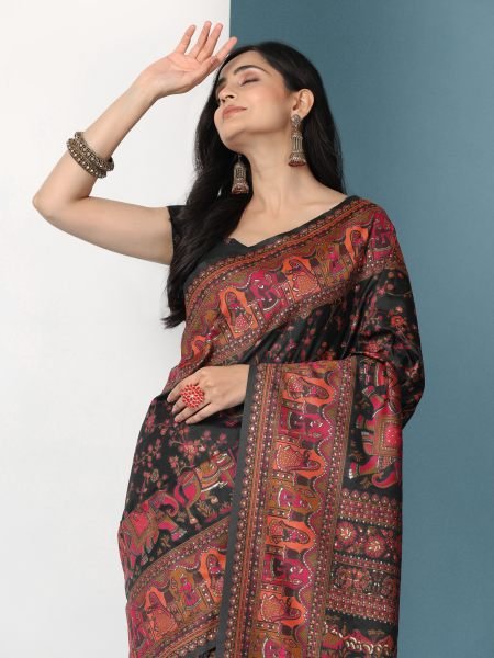 Black Floral Printed Woven Zari Pashmina Saree Sale