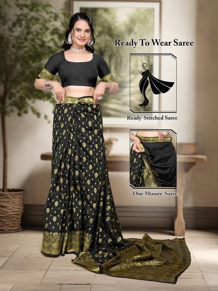 Black Ready to Wear Woven Banarasi Jacquard Pure Silk Saree Sale