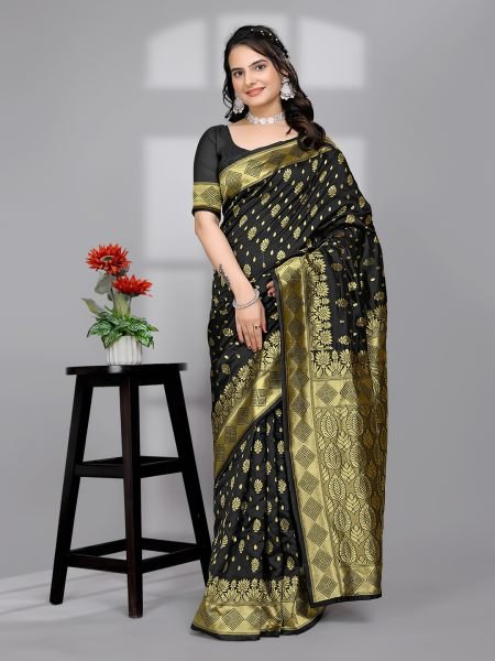 Black Ready to Wear Woven Banarasi Jacquard Pure Silk Saree Designer Sarees