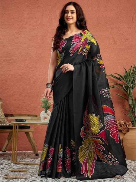 Black Silk Crepe Saree with Neon Batik Floral Print and Polka Dot Blouse Daily Deals