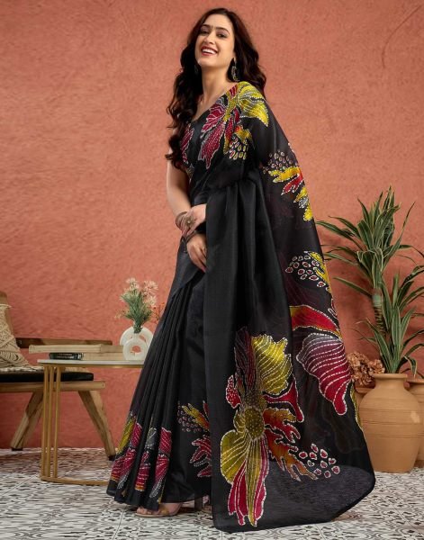 Black Silk Crepe Saree with Neon Batik Floral Print and Polka Dot Blouse Printed Sarees