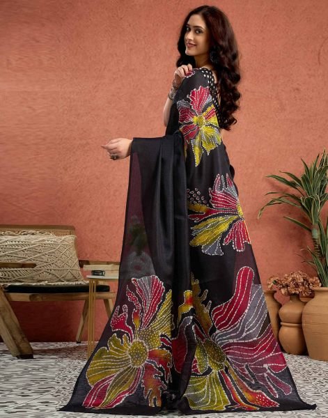 Black Silk Crepe Saree with Neon Batik Floral Print and Polka Dot Blouse Printed Sarees