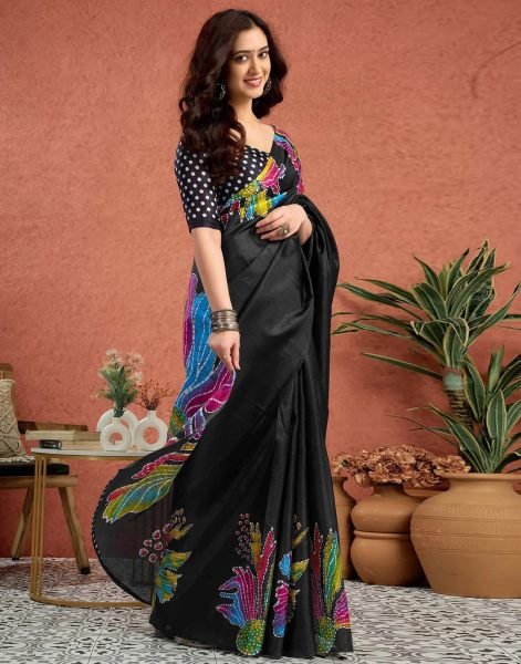Black Silk Crepe Saree with Neon Batik Floral Print and Polka Dot Blouse Printed Sarees