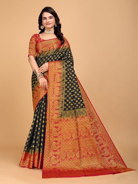 Black Woven Banarasi Nylon Pure Silk Saree Sale