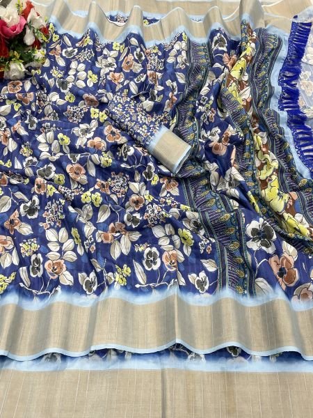 Blue Cotton Silk Handloom Printed Saree with Tassel Border Pallu Sale