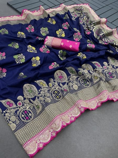 Blue Dola Silk Banarasi Saree with Jacquard Embroidery and Lace Border Sale