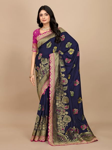 Blue Dola Silk Kanjivaram Saree with Jacquard Work and Embroidered Lace Border Sale