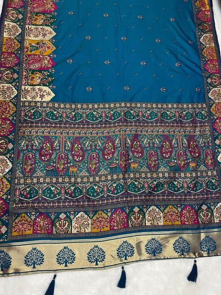 Blue Floral Printed Woven Zari Pashmina Saree Sale